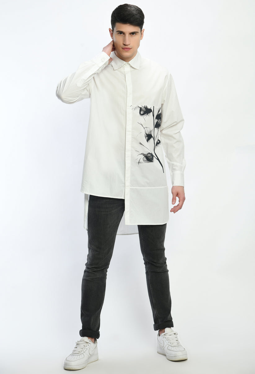 white unisex asymmetric hem cotton shirt