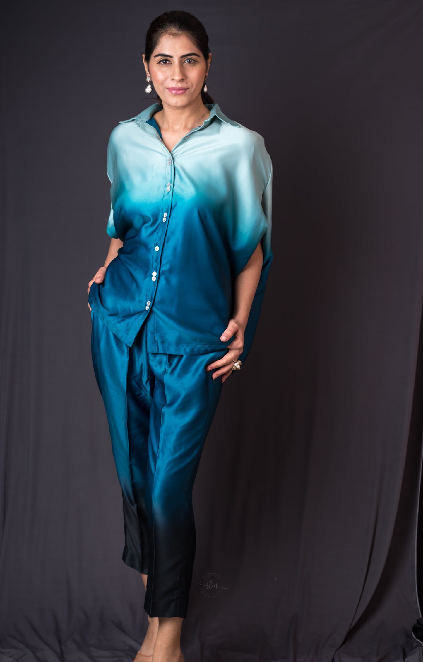 Marseille Co-ord setaquamarine cape top and pants