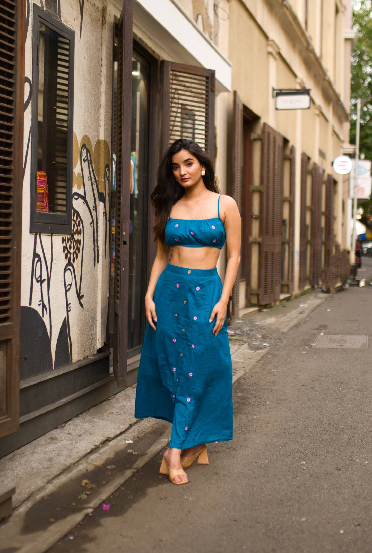 teal blue breeze embroidered  co-ord set